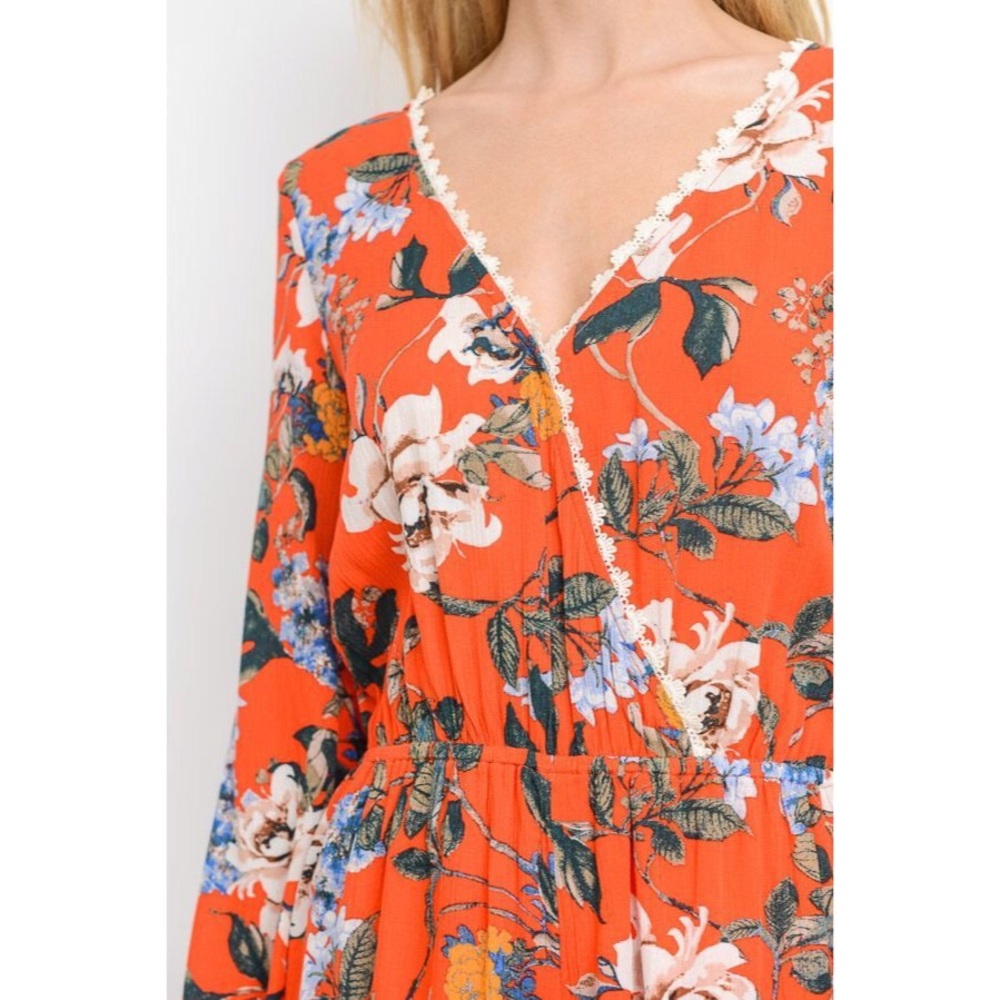 Floral Surplice Long Sleeved Boho Lace Trimmed Romper - Picture 3 of 7